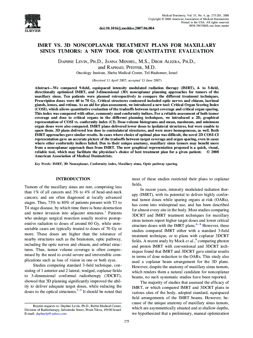 IMRT vs. 3D Noncoplanar Treatment Plans for Maxillary Sinus Tumors: A New Tool for Quantitative Evaluation