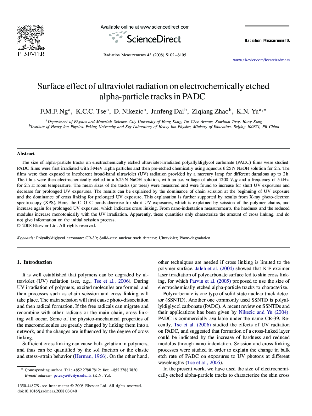 Surface effect of ultraviolet radiation on electrochemically etched alpha-particle tracks in PADC