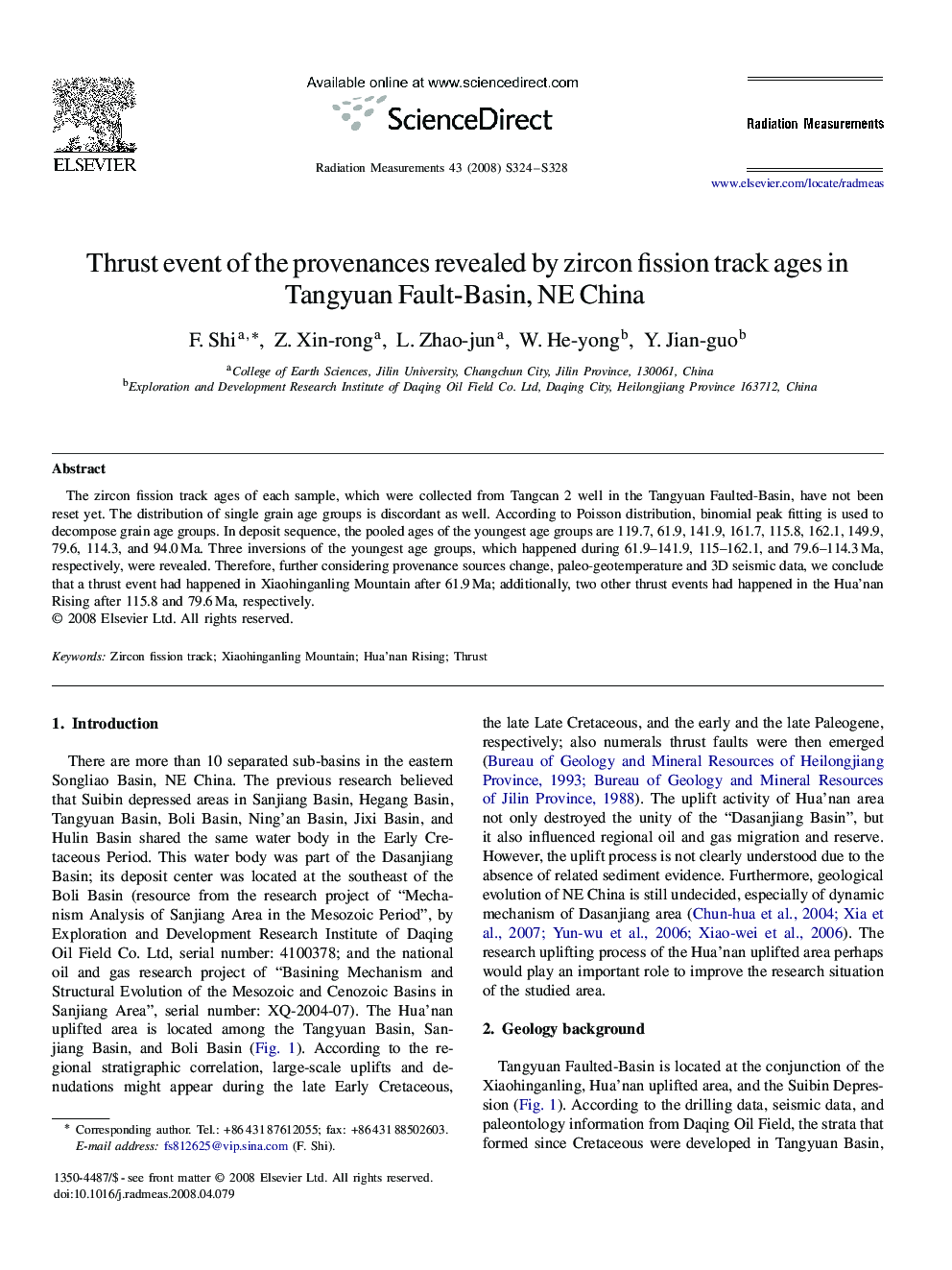 Thrust event of the provenances revealed by zircon fission track ages in Tangyuan Fault-Basin, NE China