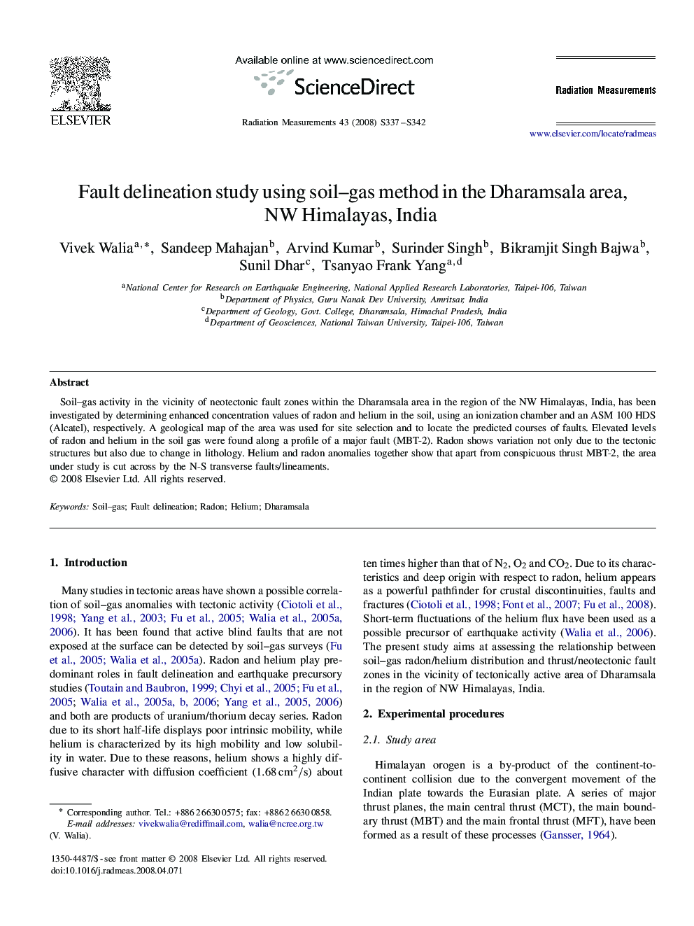 Fault delineation study using soil–gas method in the Dharamsala area, NW Himalayas, India