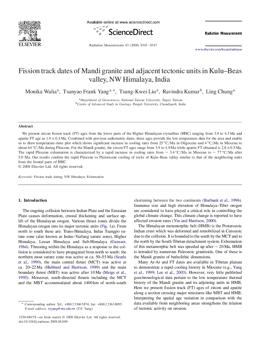 Fission track dates of Mandi granite and adjacent tectonic units in Kulu–Beas valley, NW Himalaya, India