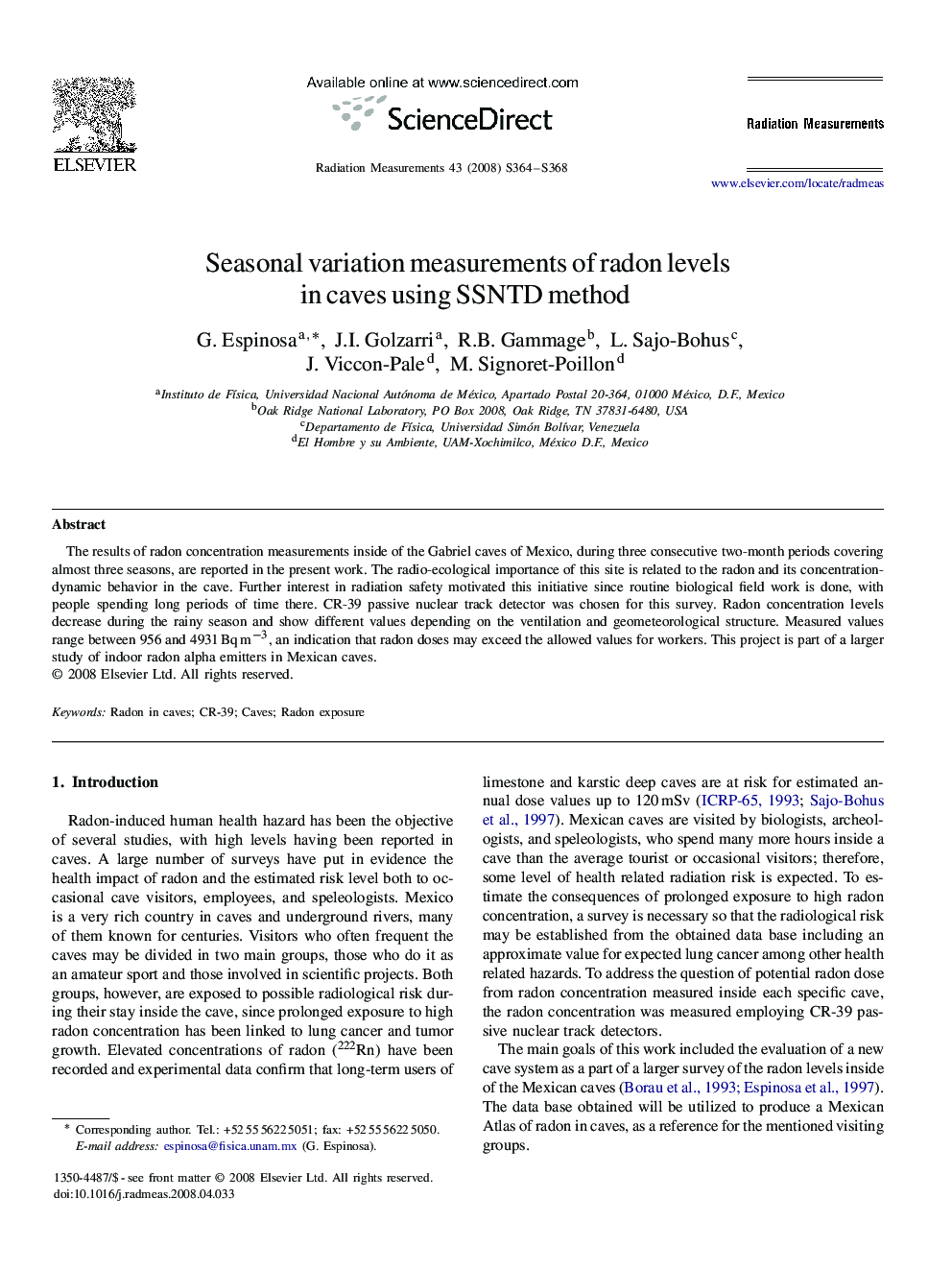 Seasonal variation measurements of radon levels in caves using SSNTD method