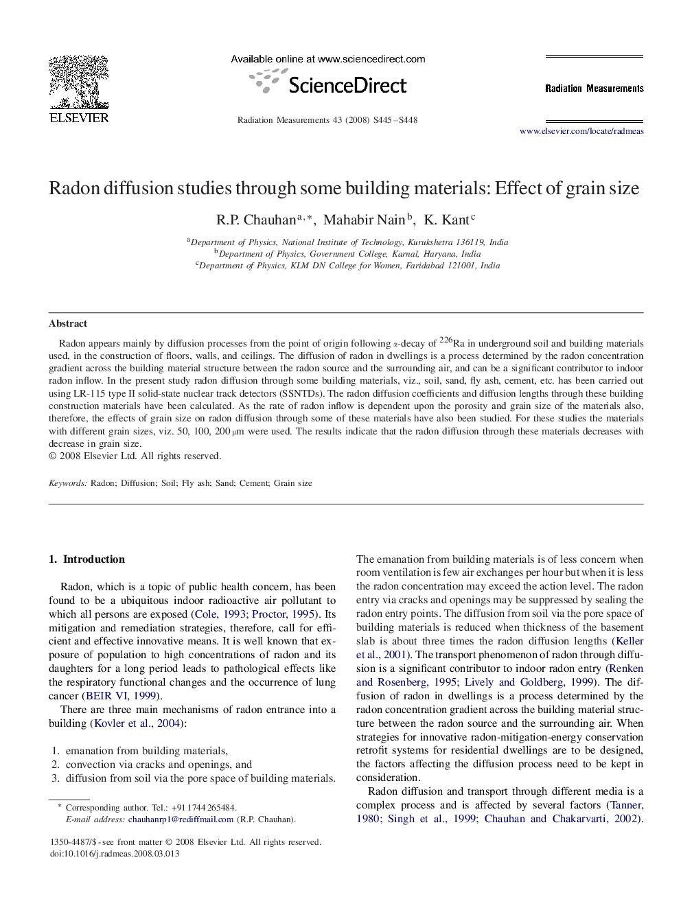 Radon diffusion studies through some building materials: Effect of grain size