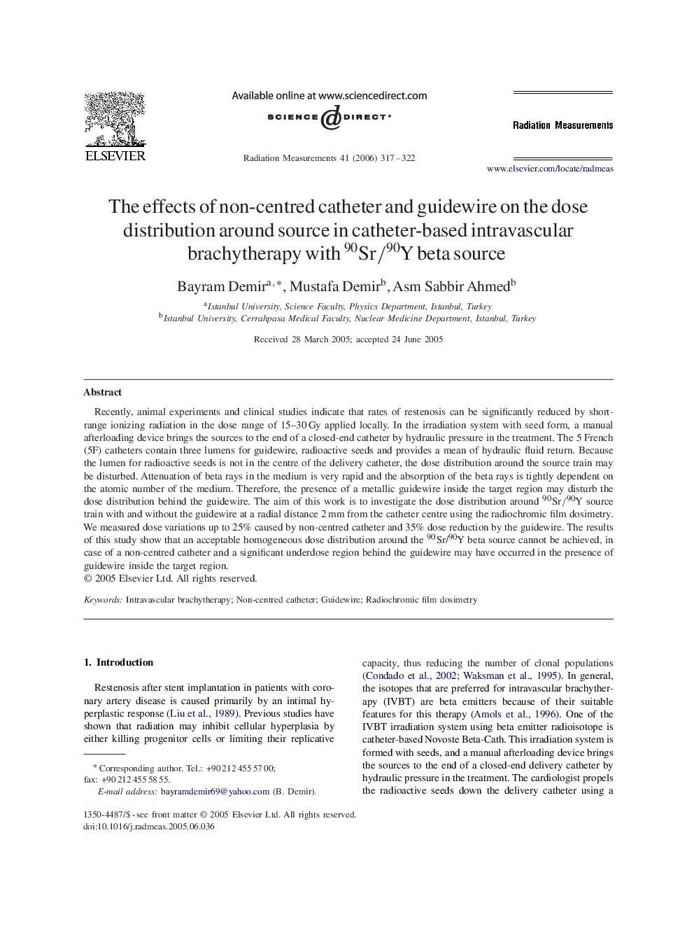 The effects of non-centred catheter and guidewire on the dose distribution around source in catheter-based intravascular brachytherapy with 90Sr/9090Sr/90Y beta source