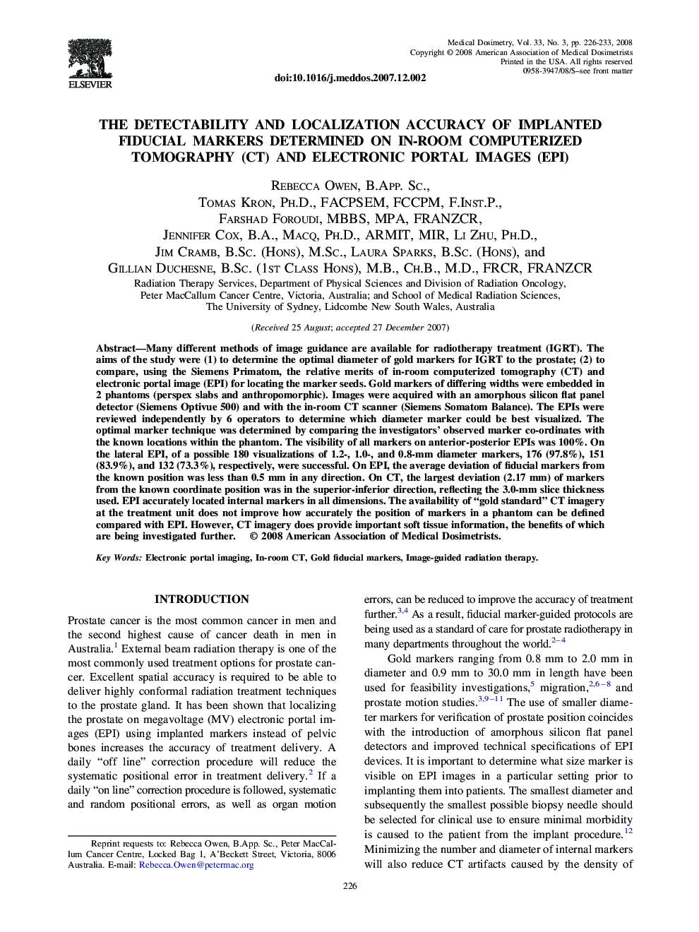 The Detectability and Localization Accuracy of Implanted Fiducial Markers Determined on In-Room Computerized Tomography (CT) and Electronic Portal Images (EPI)