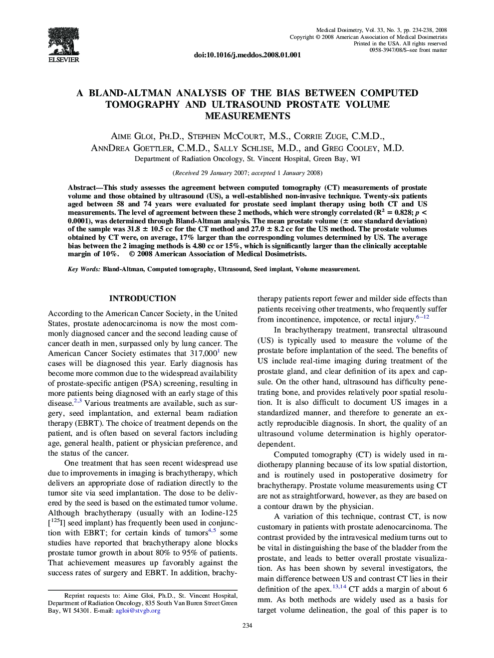 A Bland-Altman Analysis of the Bias Between Computed Tomography and Ultrasound Prostate Volume Measurements