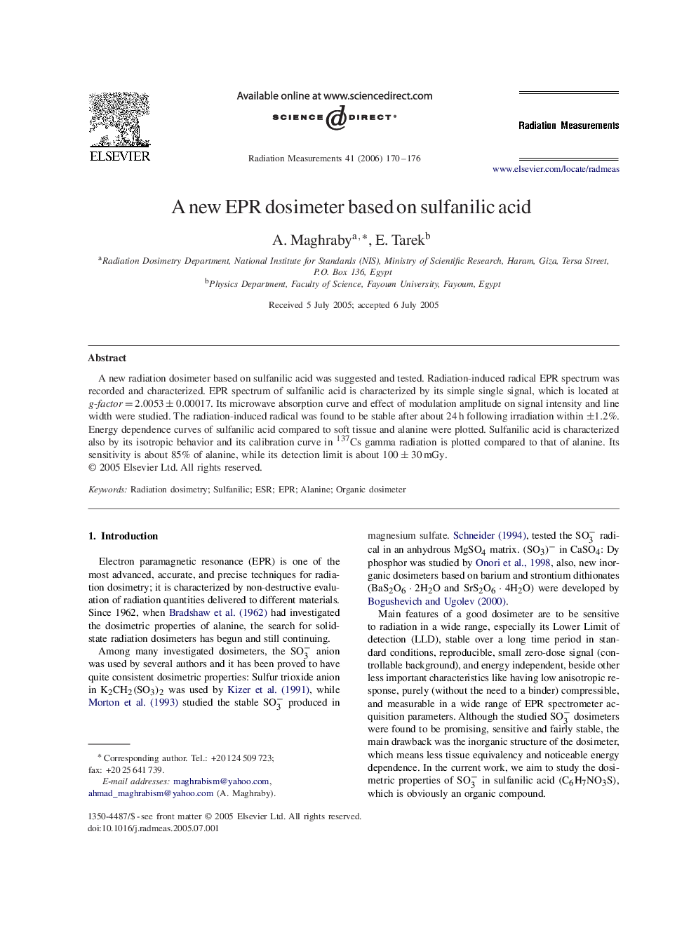 A new EPR dosimeter based on sulfanilic acid