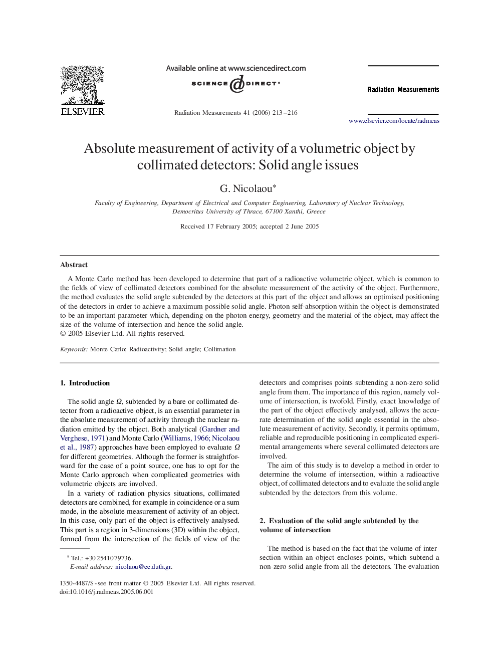 Absolute measurement of activity of a volumetric object by collimated detectors: Solid angle issues