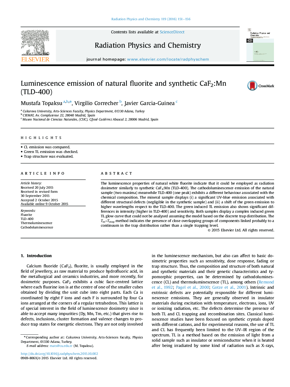 Luminescence emission of natural fluorite and synthetic CaF2:Mn (TLD-400)