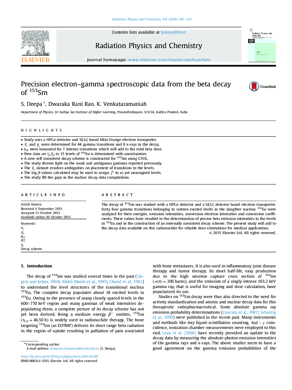 Precision electron–gamma spectroscopic data from the beta decay of 153Sm