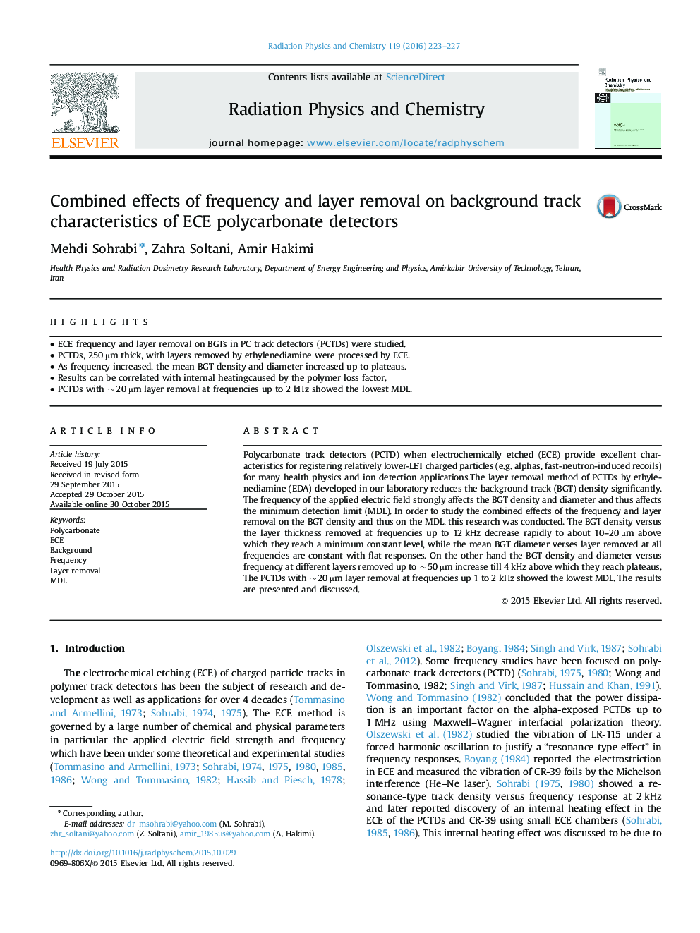 Combined effects of frequency and layer removal on background track characteristics of ECE polycarbonate detectors