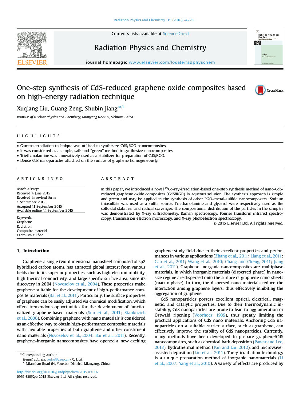 One-step synthesis of CdS-reduced graphene oxide composites based on high-energy radiation technique