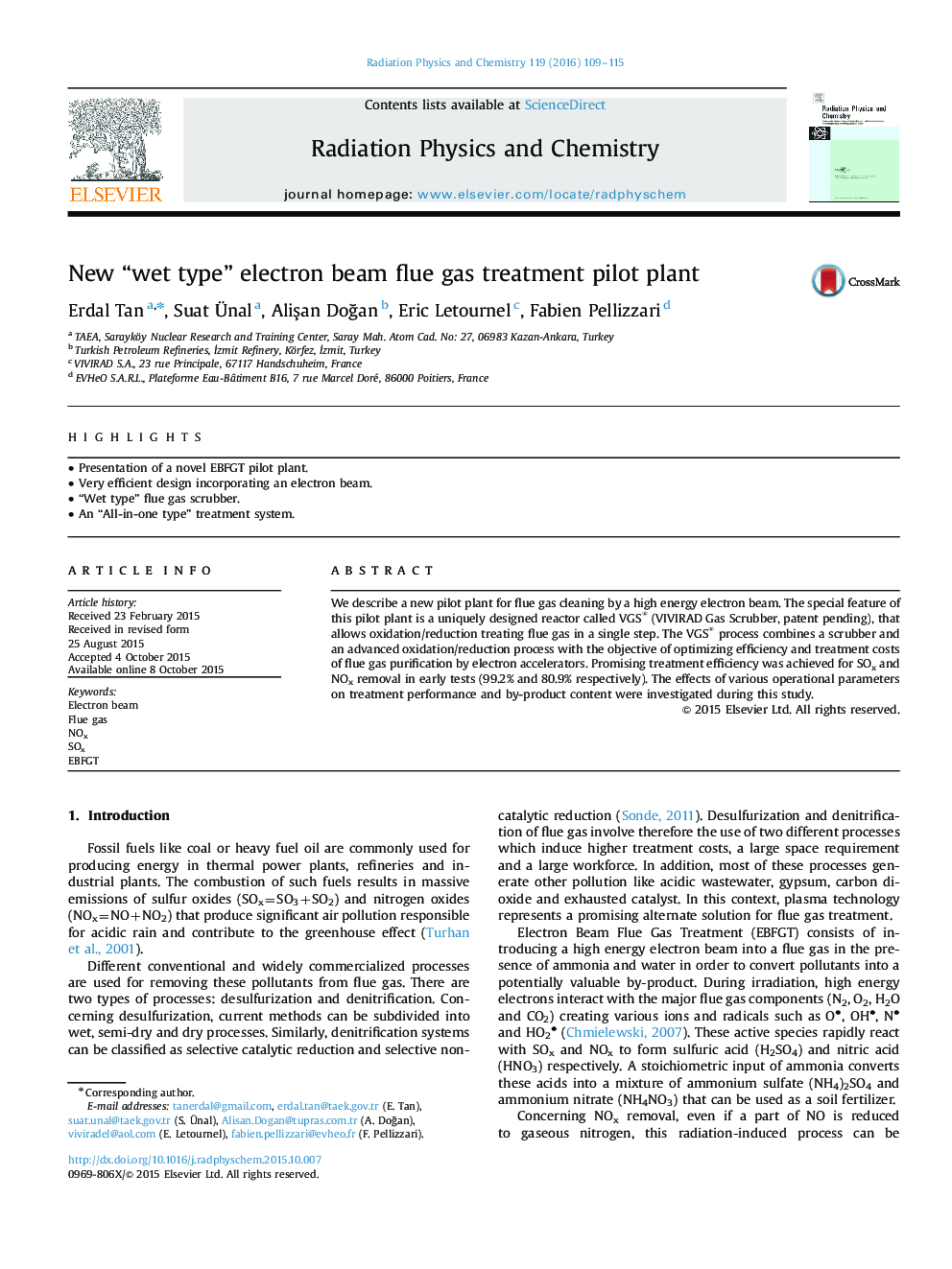 New “wet type” electron beam flue gas treatment pilot plant