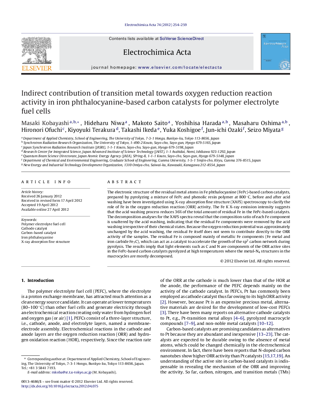 Indirect contribution of transition metal towards oxygen reduction reaction activity in iron phthalocyanine-based carbon catalysts for polymer electrolyte fuel cells