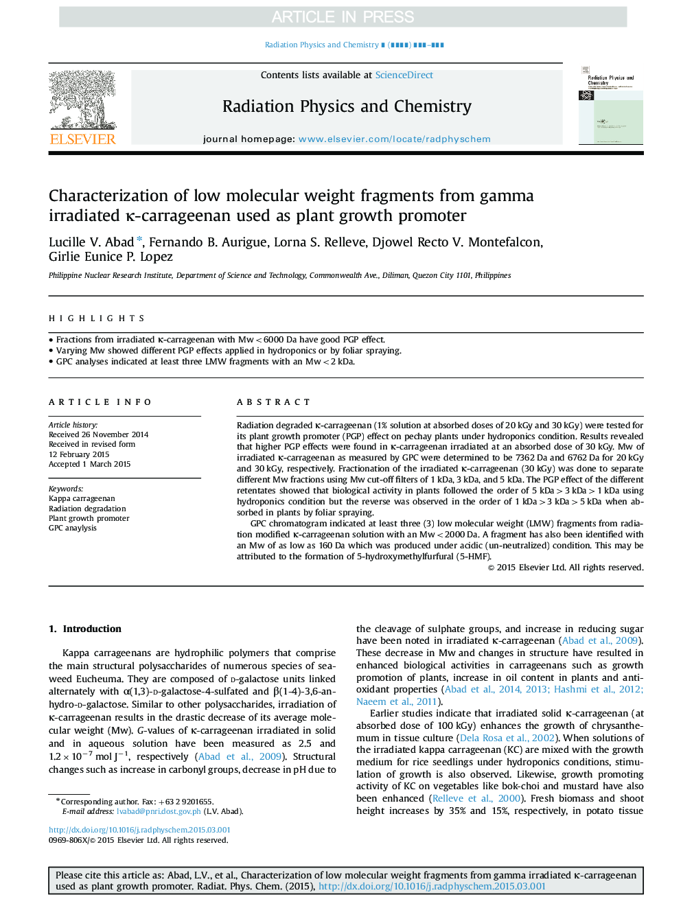 Characterization of low molecular weight fragments from gamma irradiated Îº-carrageenan used as plant growth promoter