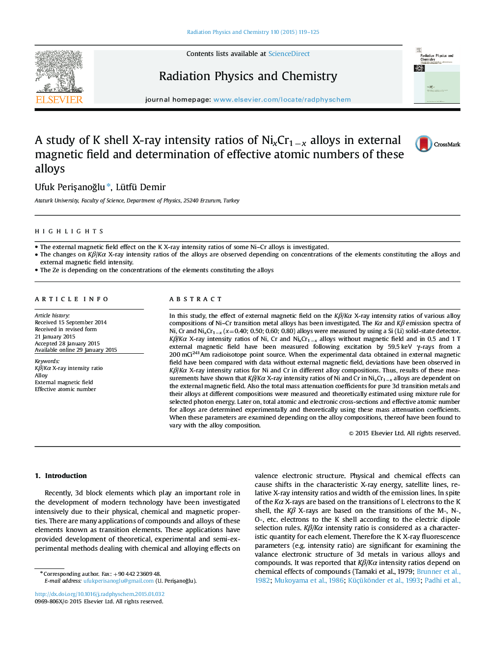 A study of K shell X-ray intensity ratios of NixCr1−x alloys in external magnetic field and determination of effective atomic numbers of these alloys