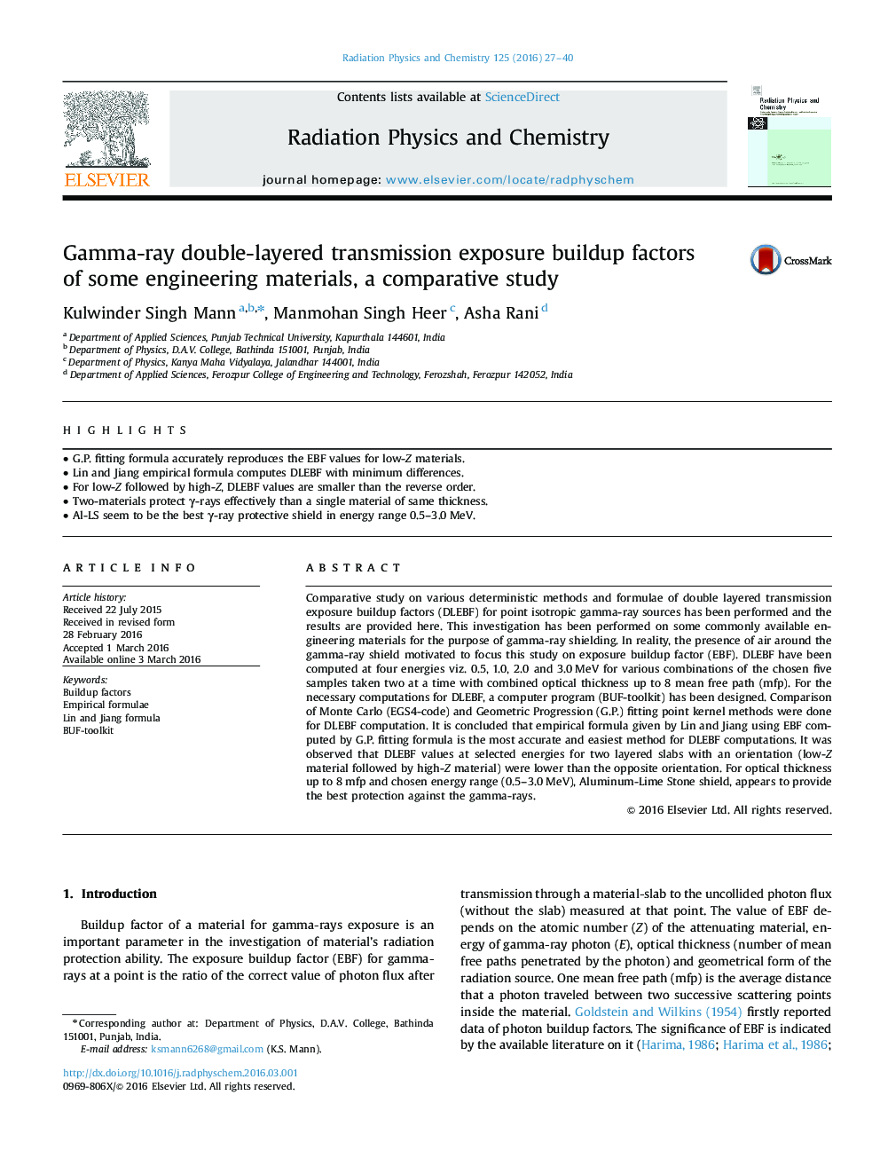 Gamma-ray double-layered transmission exposure buildup factors of some engineering materials, a comparative study