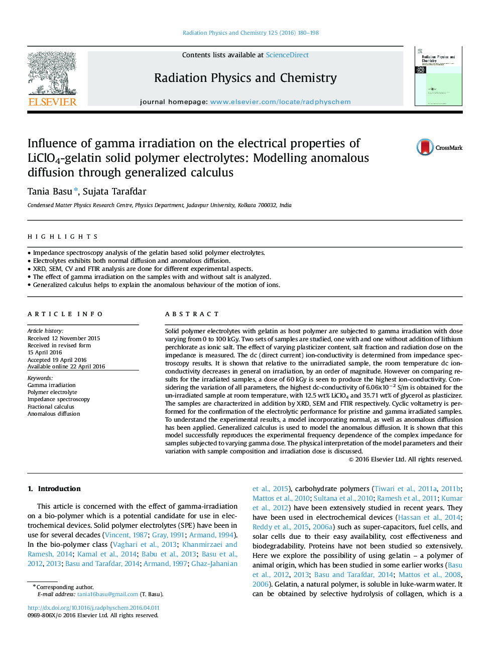 اثر تابش گاما بر خواص الکتریکی الکترولیتهای پلیمری جامد لیتیوم کلسیم ژلاتین: مدل سازی انتشار بی نظیر از طریق محاسبات عمومی 
