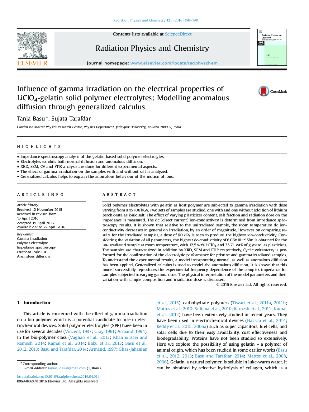 Influence of gamma irradiation on the electrical properties of LiClO4-gelatin solid polymer electrolytes: Modelling anomalous diffusion through generalized calculus