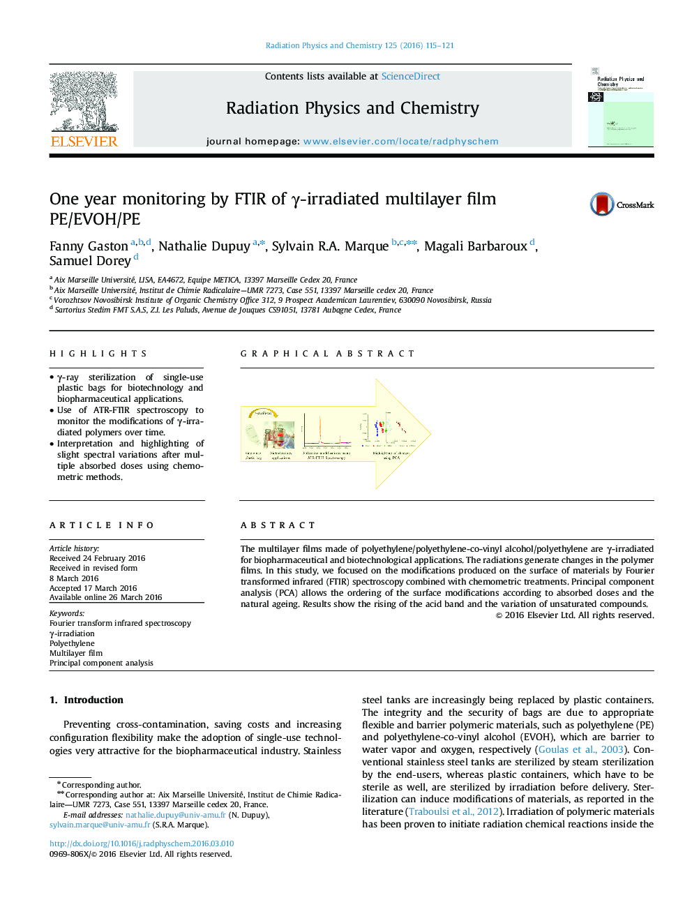 One year monitoring by FTIR of γ-irradiated multilayer film PE/EVOH/PE
