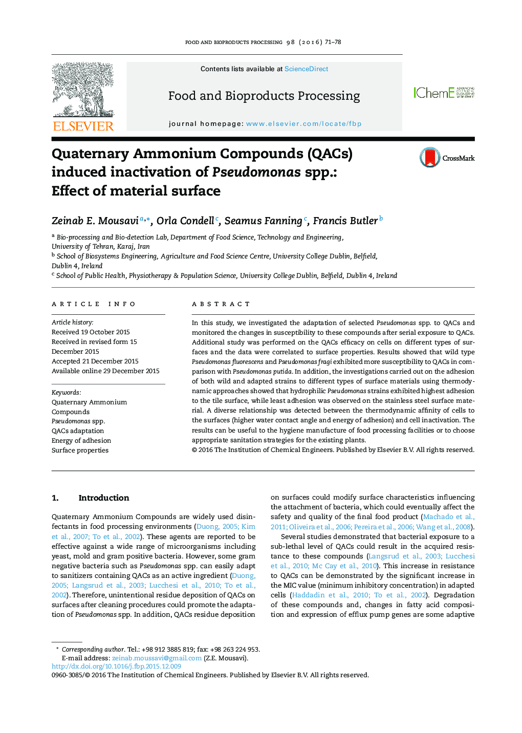 غیر فعال کردن ترکیبات  آمونیوم کواترنر (QACs) ناشی از پسودوموناس .: اثر سطح مواد