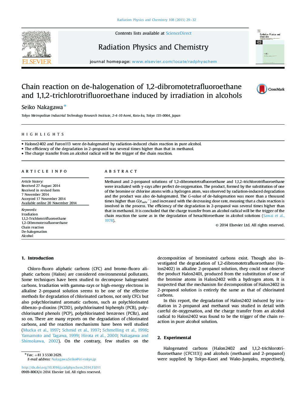 Chain reaction on de-halogenation of 1,2-dibromotetrafluoroethane and 1,1,2-trichlorotrifluoroethane induced by irradiation in alcohols