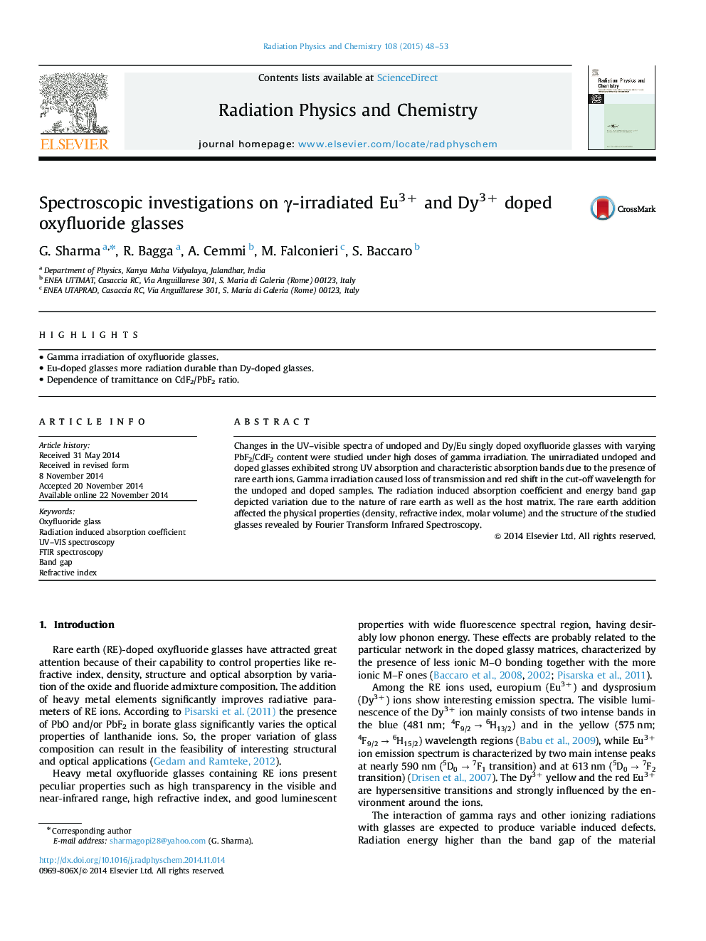 Spectroscopic investigations on γ-irradiated Eu3+ and Dy3+ doped oxyfluoride glasses