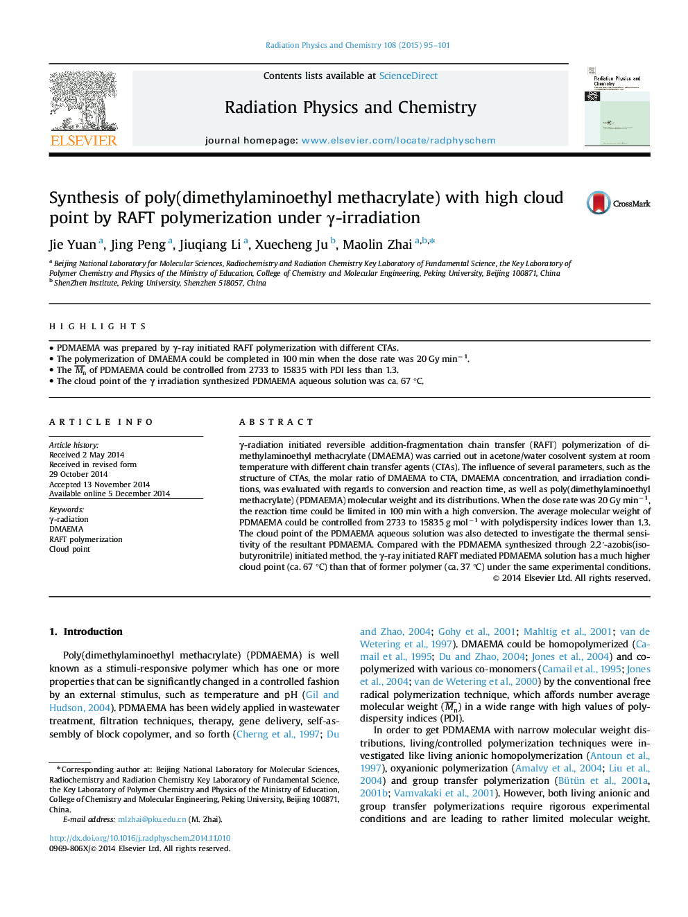 Synthesis of poly(dimethylaminoethyl methacrylate) with high cloud point by RAFT polymerization under γ-irradiation