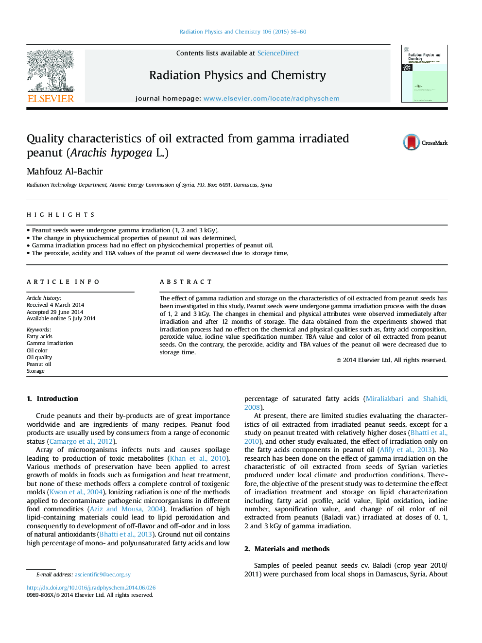 Quality characteristics of oil extracted from gamma irradiated peanut (Arachis hypogea L.)