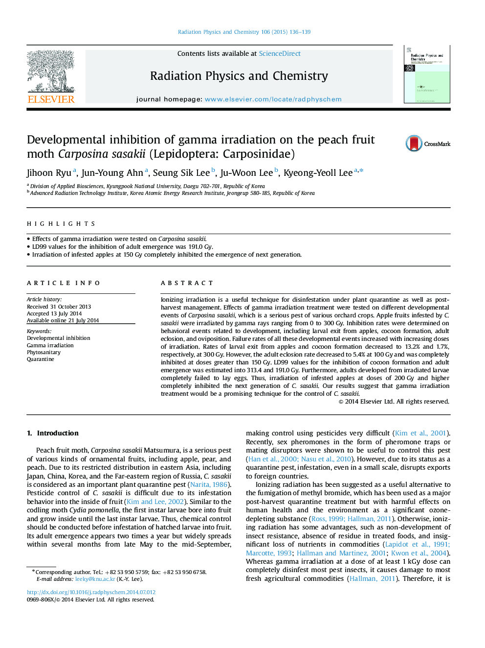 Developmental inhibition of gamma irradiation on the peach fruit moth Carposina sasakii (Lepidoptera: Carposinidae)