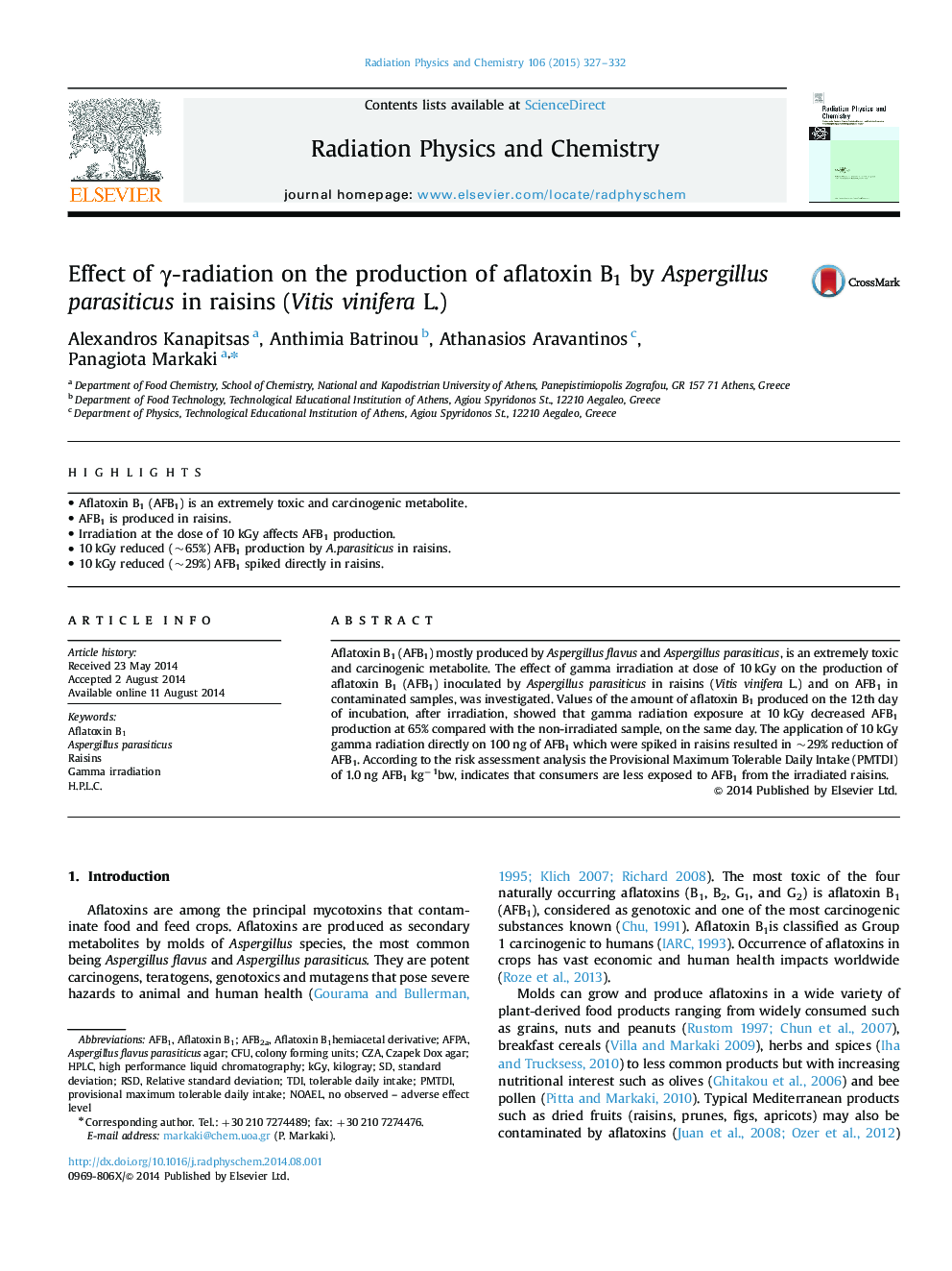 Effect of γ-radiation on the production of aflatoxin B1 by Aspergillus parasiticus in raisins (Vitis vinifera L.)