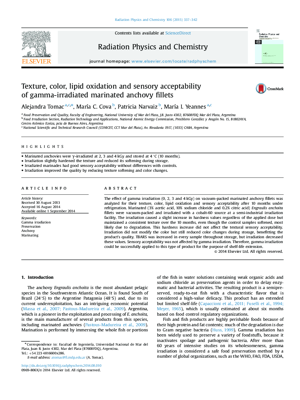 Texture, color, lipid oxidation and sensory acceptability of gamma-irradiated marinated anchovy fillets