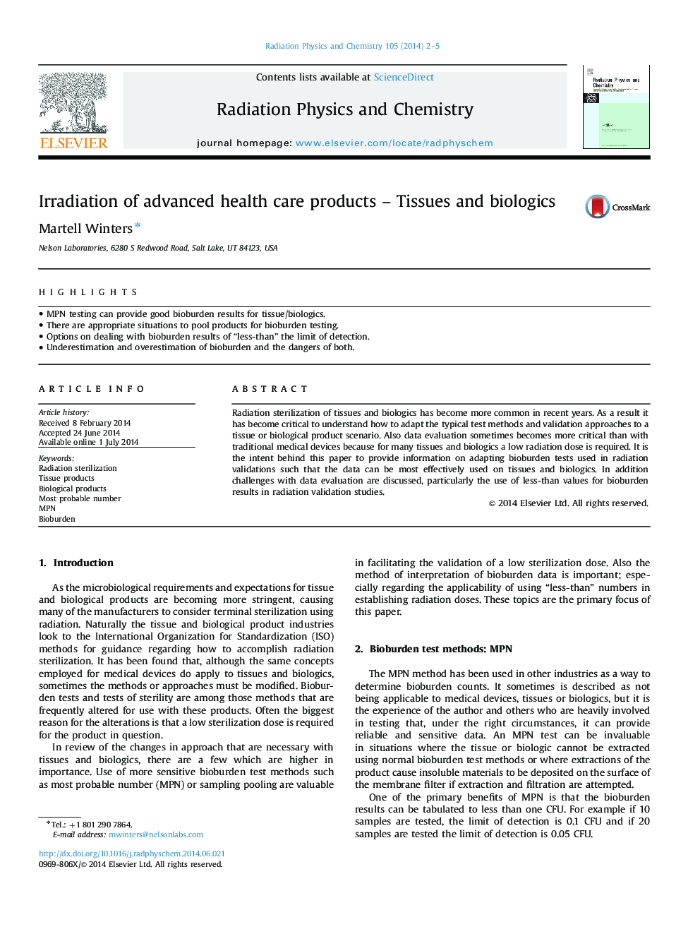 Irradiation of advanced health care products – Tissues and biologics