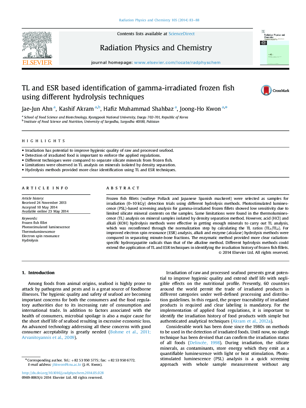 TL and ESR based identification of gamma-irradiated frozen fish using different hydrolysis techniques
