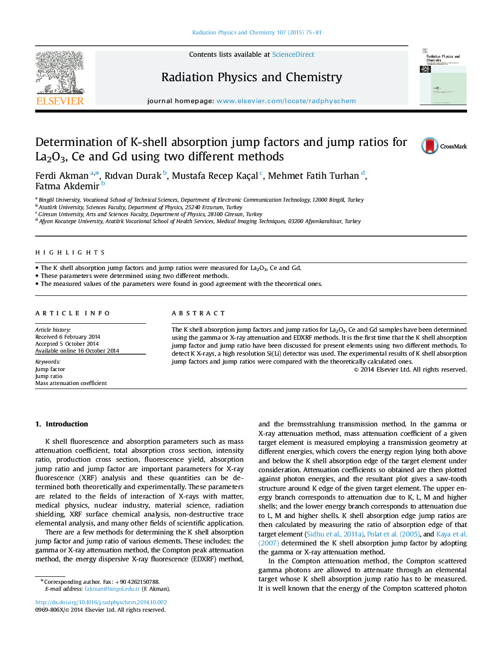 Determination of K-shell absorption jump factors and jump ratios for La2O3, Ce and Gd using two different methods