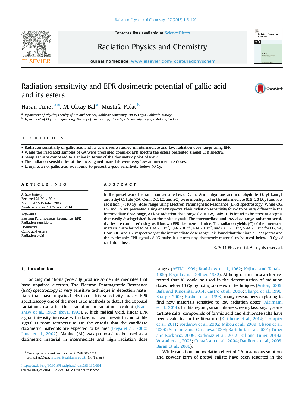 Radiation sensitivity and EPR dosimetric potential of gallic acid and its esters