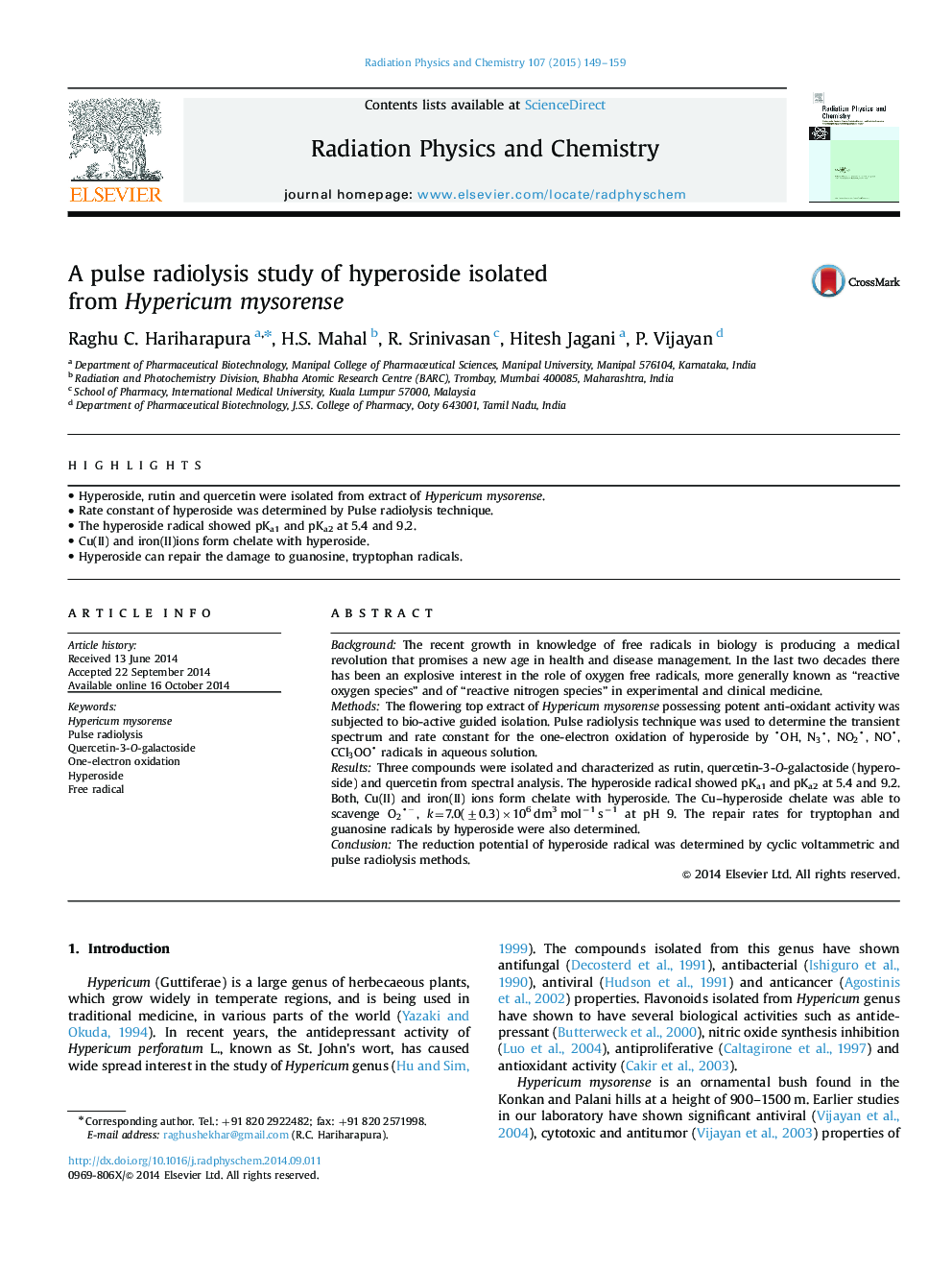 A pulse radiolysis study of hyperoside isolated from Hypericum mysorense