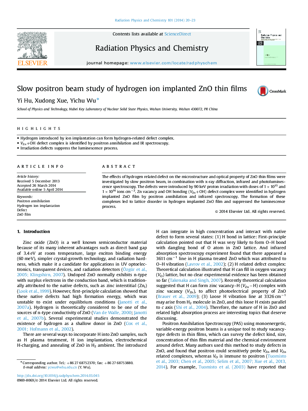 Slow positron beam study of hydrogen ion implanted ZnO thin films