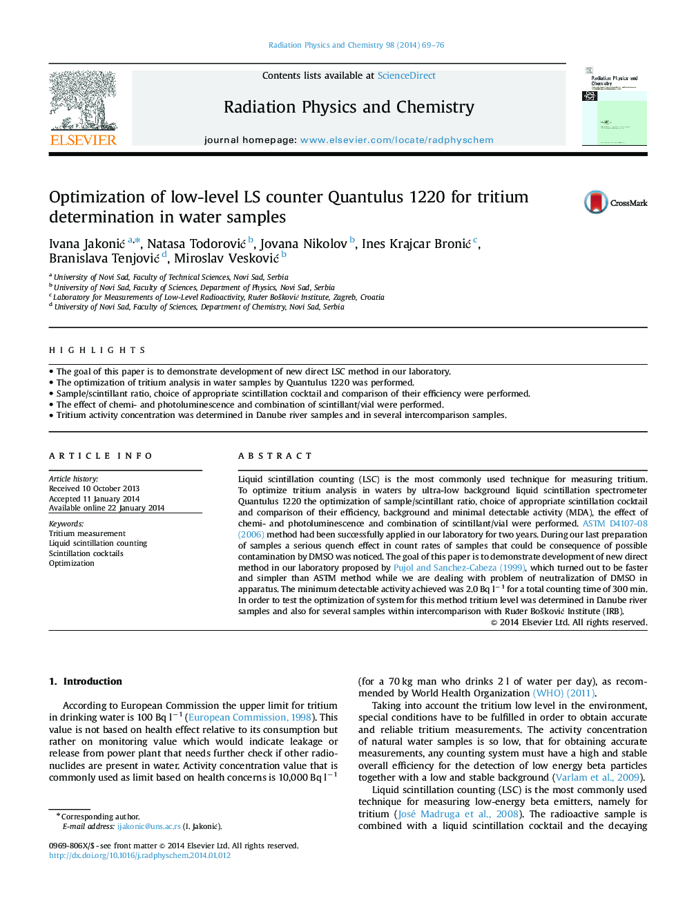 Optimization of low-level LS counter Quantulus 1220 for tritium determination in water samples