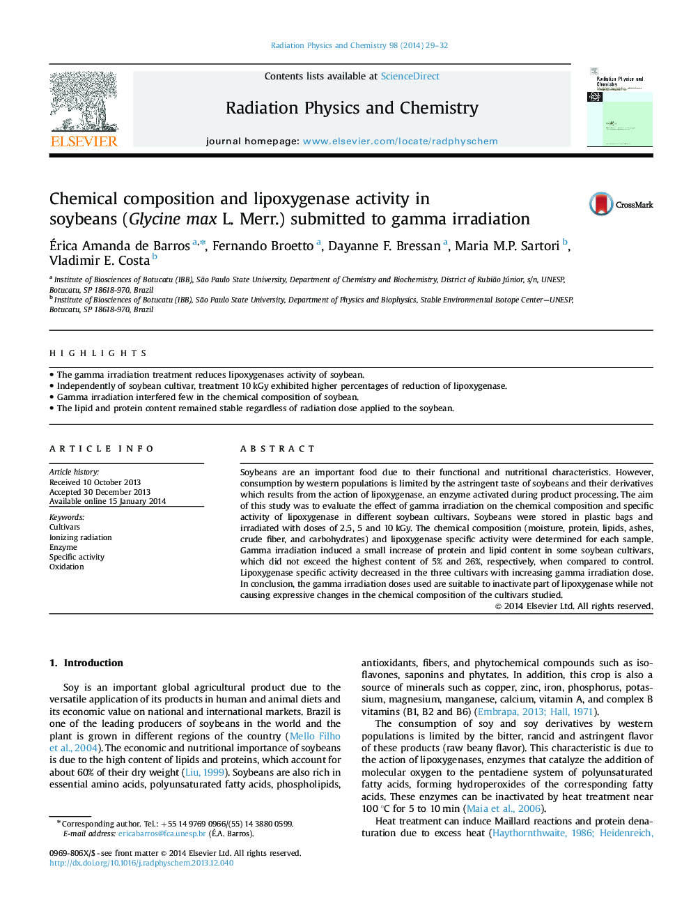 Chemical composition and lipoxygenase activity in soybeans (Glycine max L. Merr.) submitted to gamma irradiation