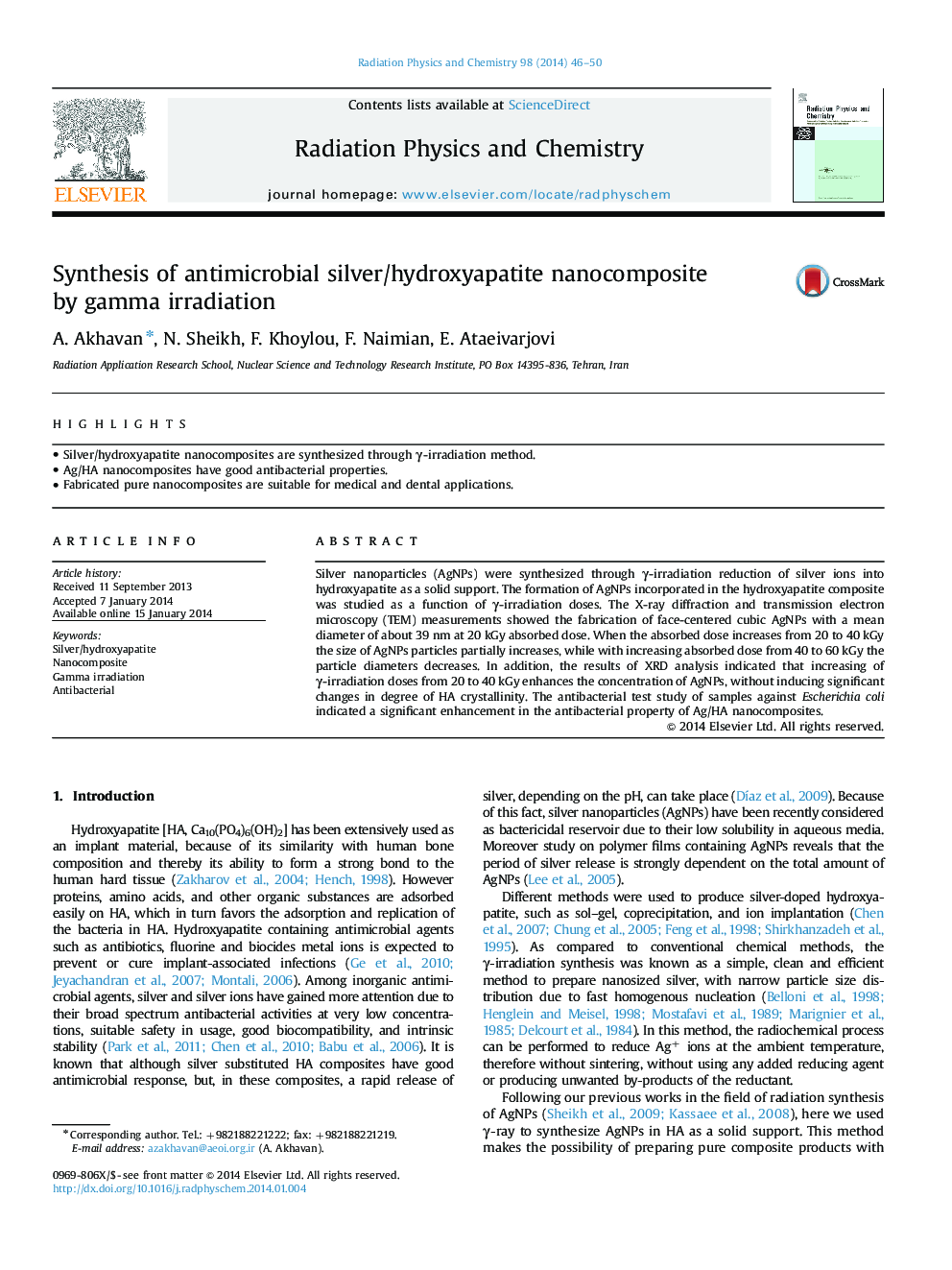 Synthesis of antimicrobial silver/hydroxyapatite nanocomposite by gamma irradiation