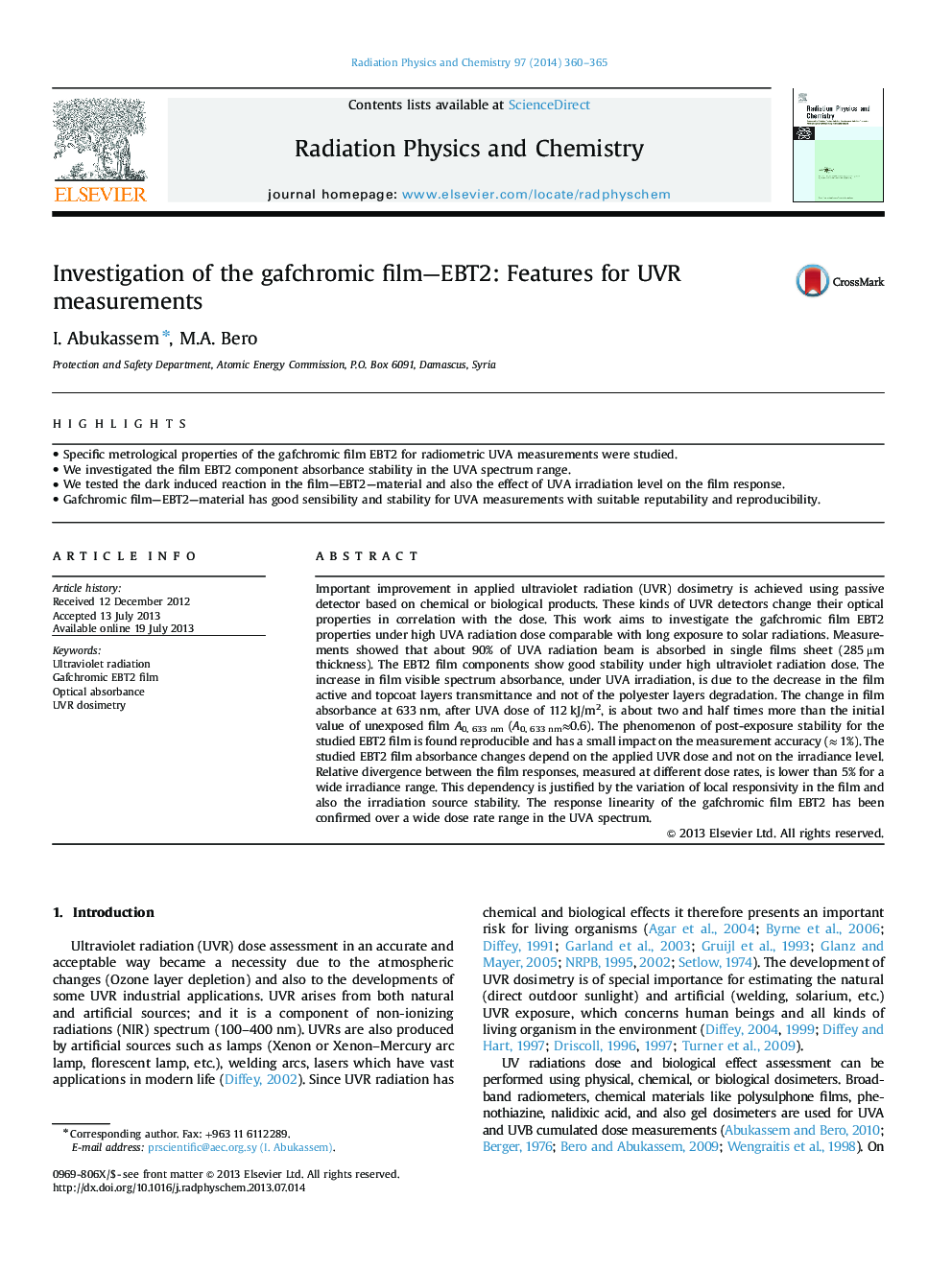 Investigation of the gafchromic film-EBT2: Features for UVR measurements