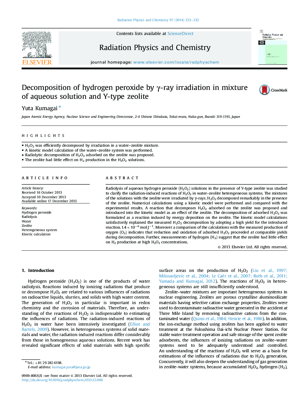 Decomposition of hydrogen peroxide by γ-ray irradiation in mixture of aqueous solution and Y-type zeolite