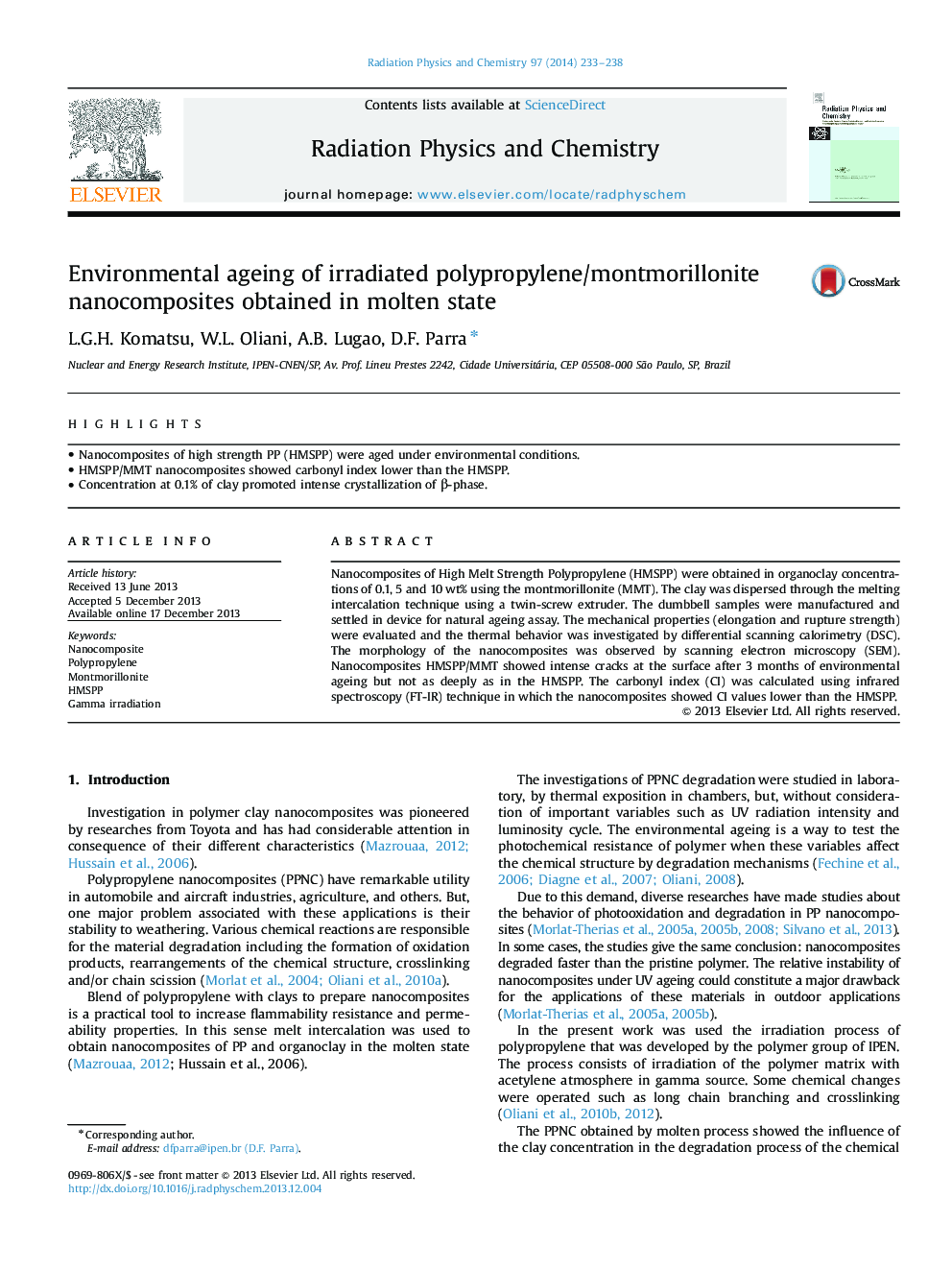 Environmental ageing of irradiated polypropylene/montmorillonite nanocomposites obtained in molten state