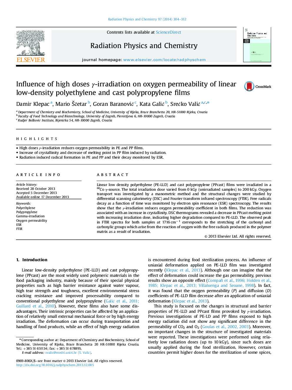 Influence of high doses γ-irradiation on oxygen permeability of linear low-density polyethylene and cast polypropylene films