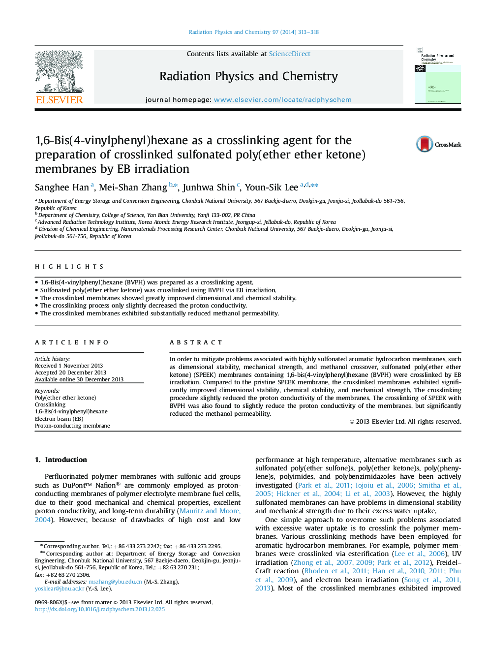 1,6-Bis(4-vinylphenyl)hexane as a crosslinking agent for the preparation of crosslinked sulfonated poly(ether ether ketone) membranes by EB irradiation