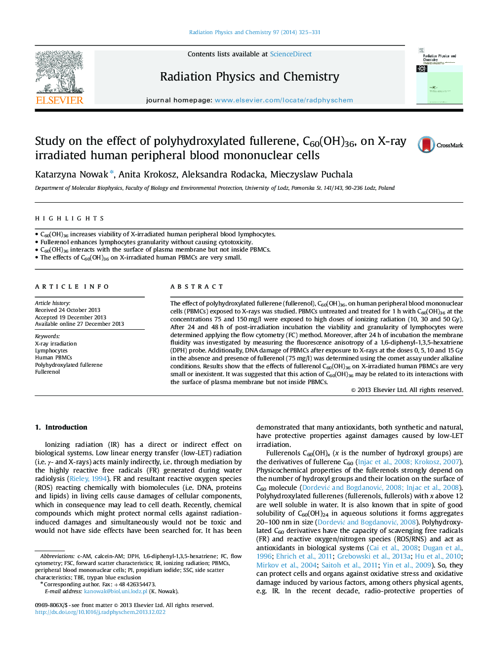 Study on the effect of polyhydroxylated fullerene, C60(OH)36, on X-ray irradiated human peripheral blood mononuclear cells