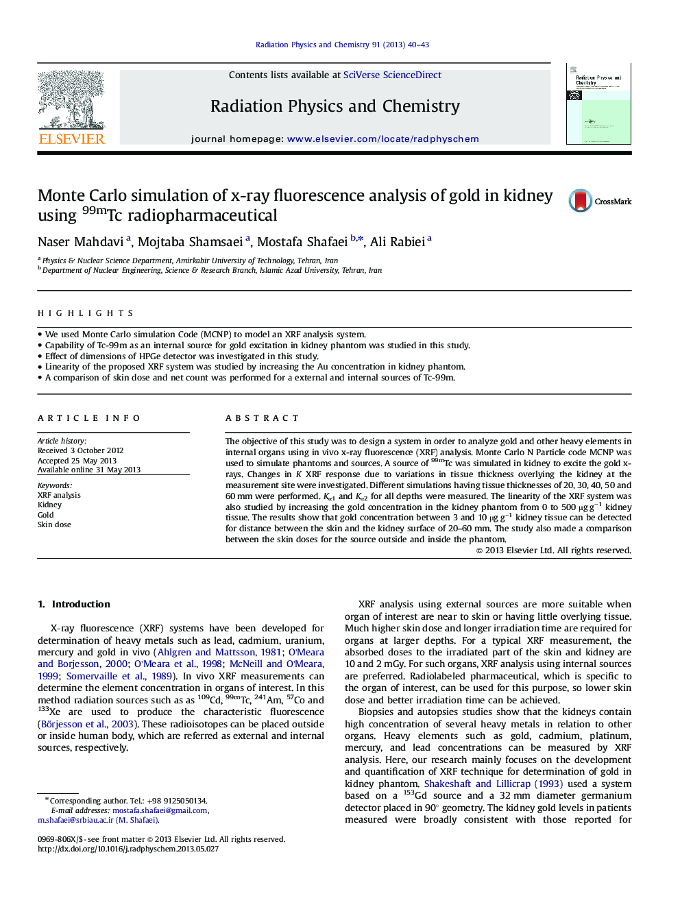 عکس صفحه اول مقاله: Monte Carlo simulation of x-ray fluorescence analysis of gold in kidney using 99mTc radiopharmaceutical Monte Carlo simulation of x-ray fluorescence analysis of gold in kidney using 99mTc radiopharmaceutical