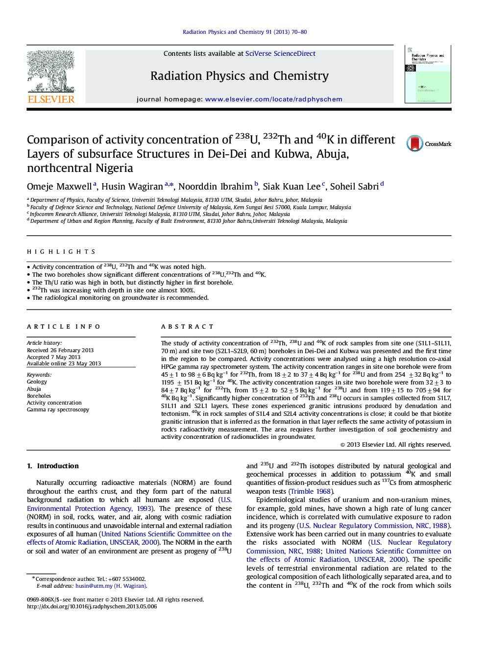 Comparison of activity concentration of 238U, 232Th and 40K in different Layers of subsurface Structures in Dei-Dei and Kubwa, Abuja, northcentral Nigeria