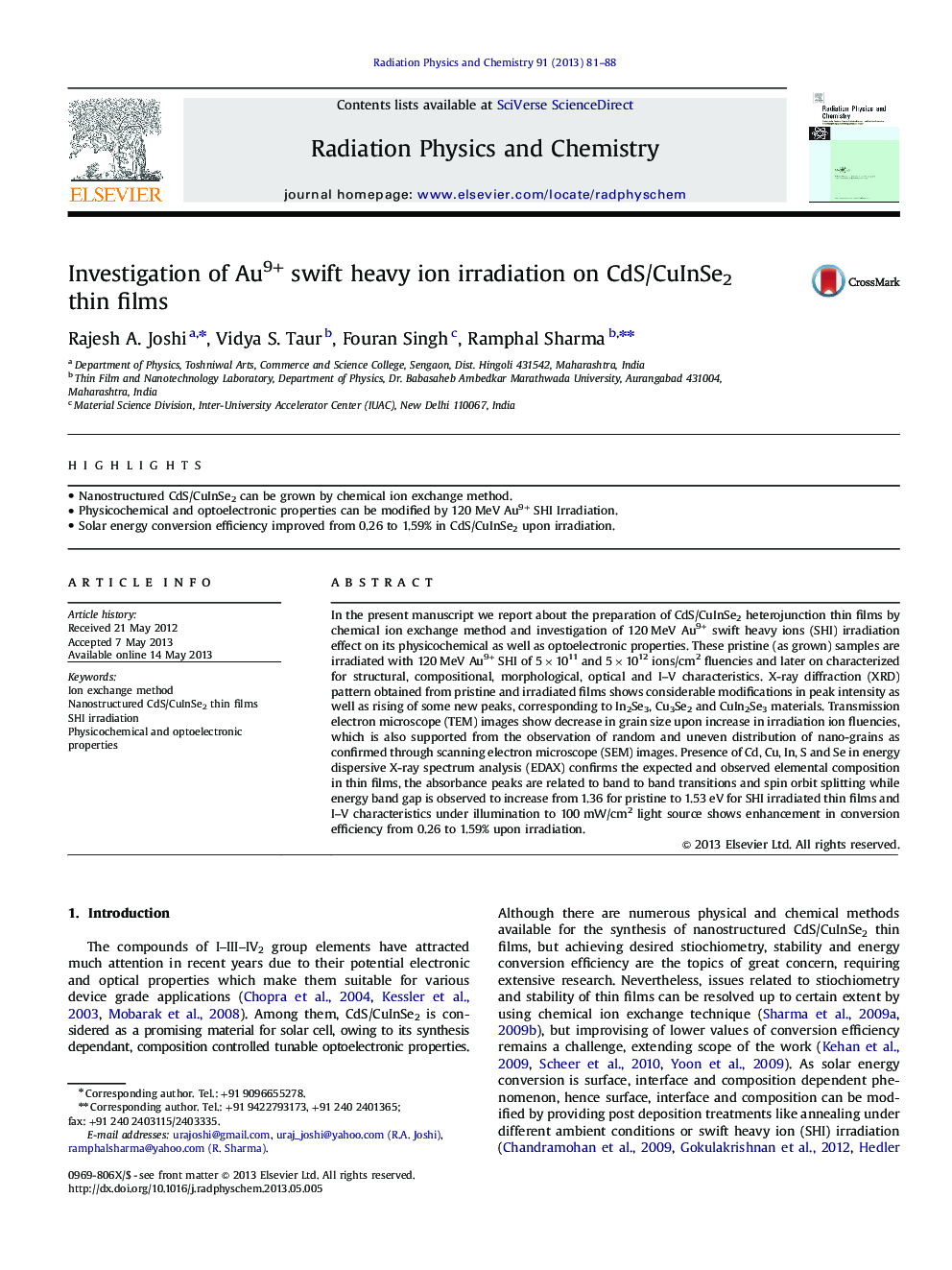 عکس صفحه اول مقاله: Investigation of Au9+ swift heavy ion irradiation on CdS/CuInSe2 thin films Investigation of Au9+ swift heavy ion irradiation on CdS/CuInSe2 thin films